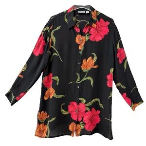 100% Silk Black Long Sleeve Button-down Hibiscus Floral Artistic Size 2 / Large